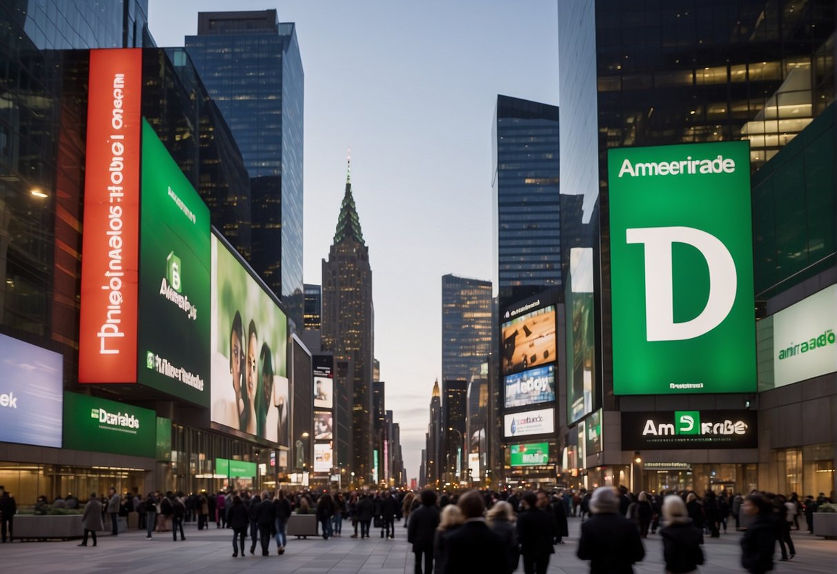 A bustling city skyline with prominent TD Ameritrade signage, surrounded by people engaging with promotional materials and displays