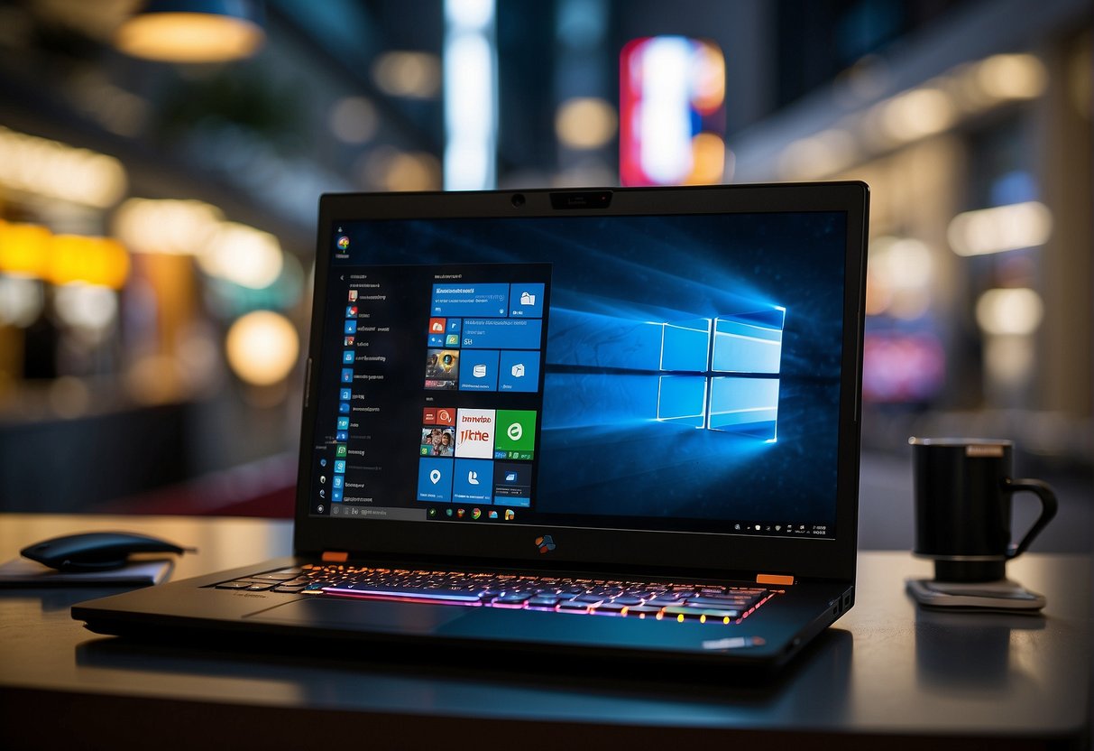 A sleek, modern gaming laptop with vibrant LED lights and powerful specs sits on a desk, surrounded by promotional banners and logos for ThinkPad in Singapore