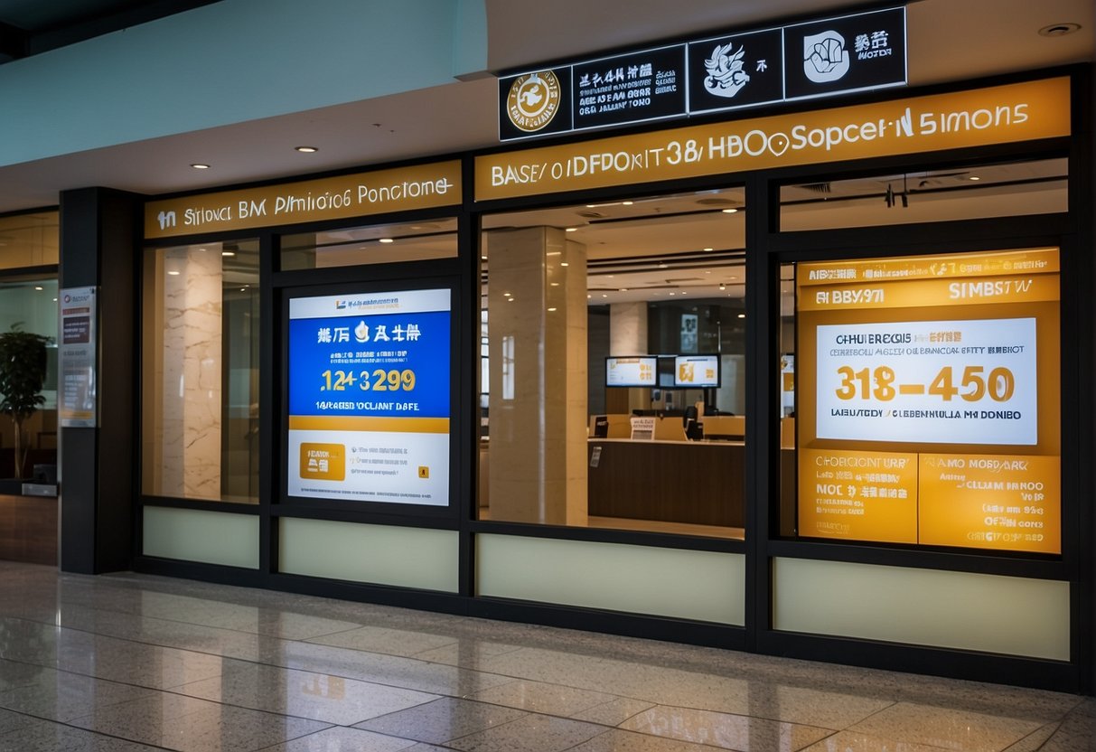 A bank branch with a prominent display of time deposit promotions in Singapore. Bright, eye-catching posters and banners adorn the windows and entrance