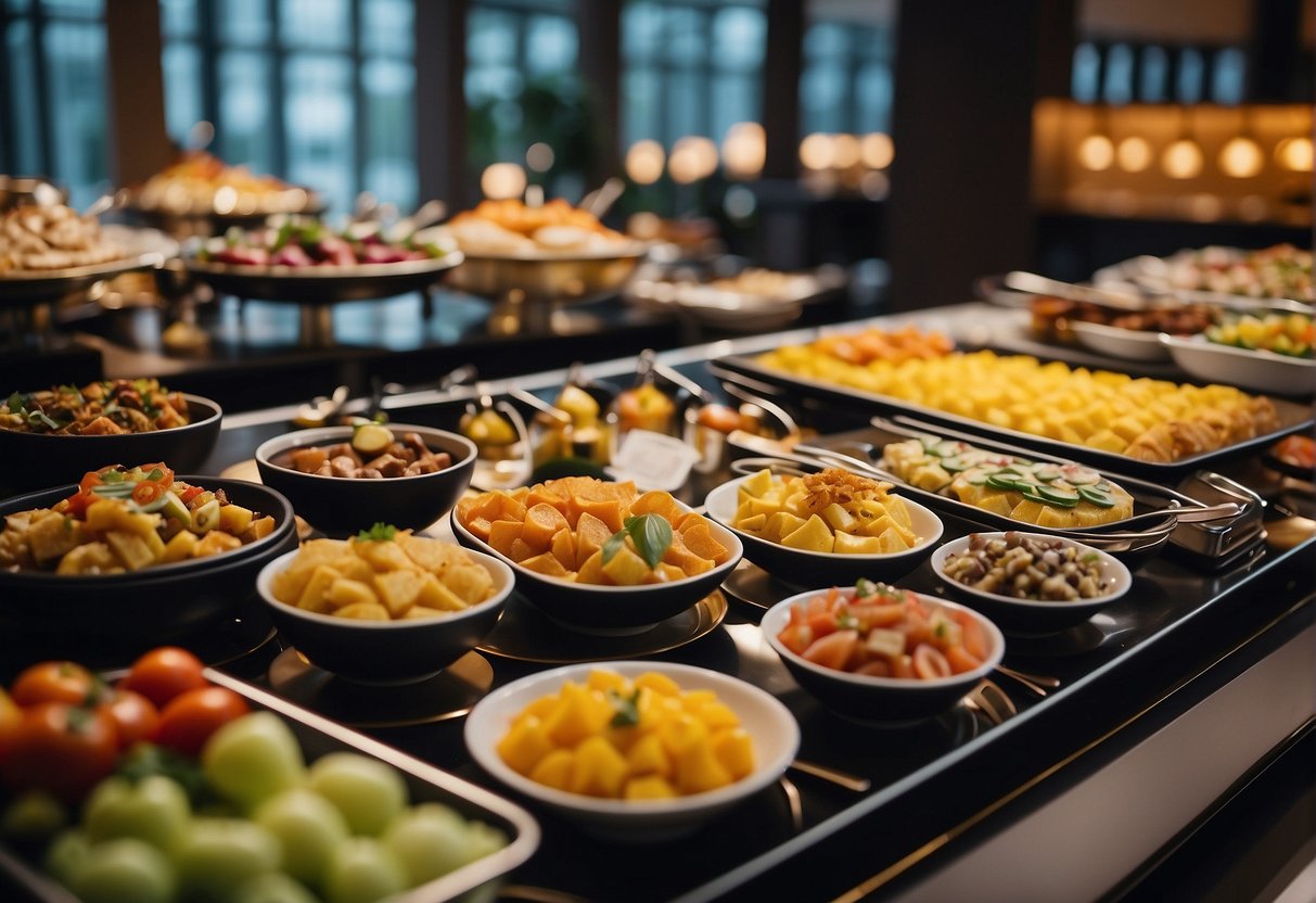 The hotel buffet is adorned with elegant table settings and vibrant food displays, showcasing exclusive dining promotions for 2024 in Singapore