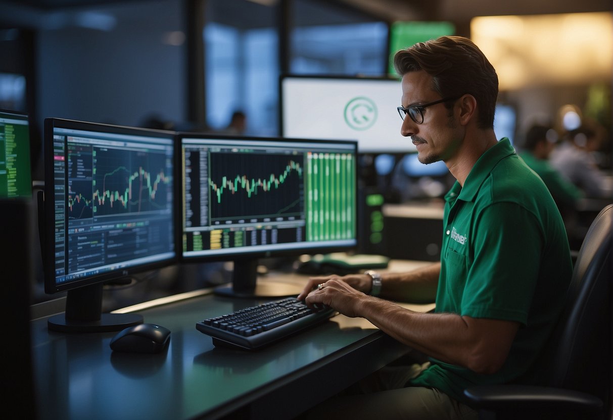 A person using a computer to navigate through various trading platforms and investment opportunities, with the TD Ameritrade logo visible in the background
