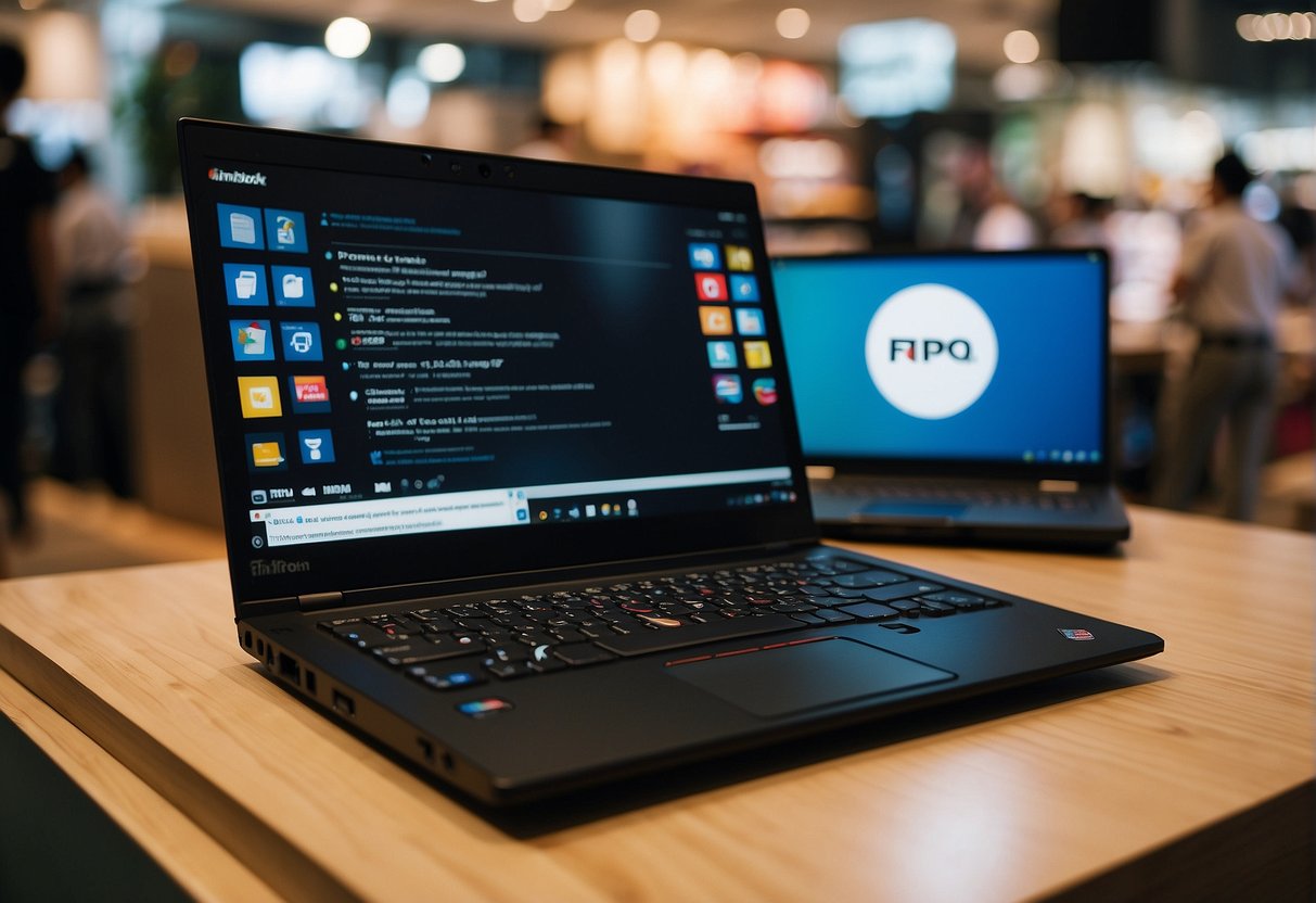 A ThinkPad laptop surrounded by promotional materials in a bustling Singapore store