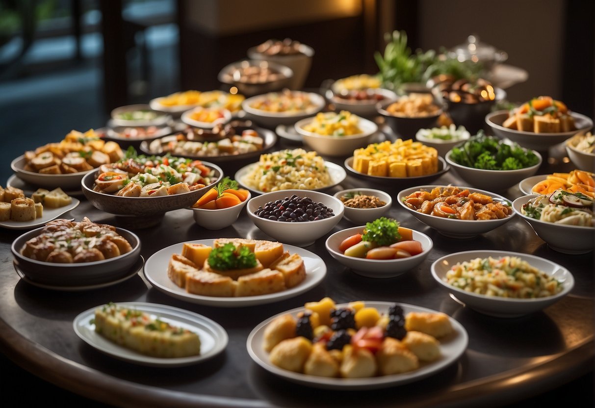 A table filled with an array of delectable dishes at a hotel buffet, with a sign promoting exclusive offers for cardholders in Singapore