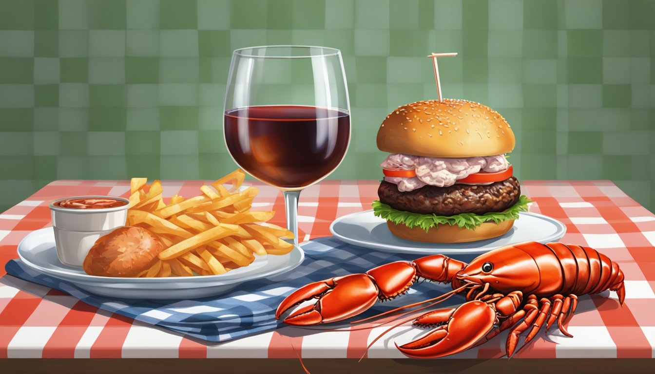 A juicy burger and a fresh lobster sit side by side on a wooden table, surrounded by a checkered tablecloth and a glass of wine