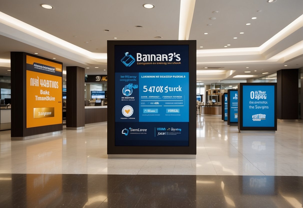 Banks' logos and promotional banners displayed with large text "Maximise Your Savings" and "Time Deposit Offers" in a bright, modern bank branch