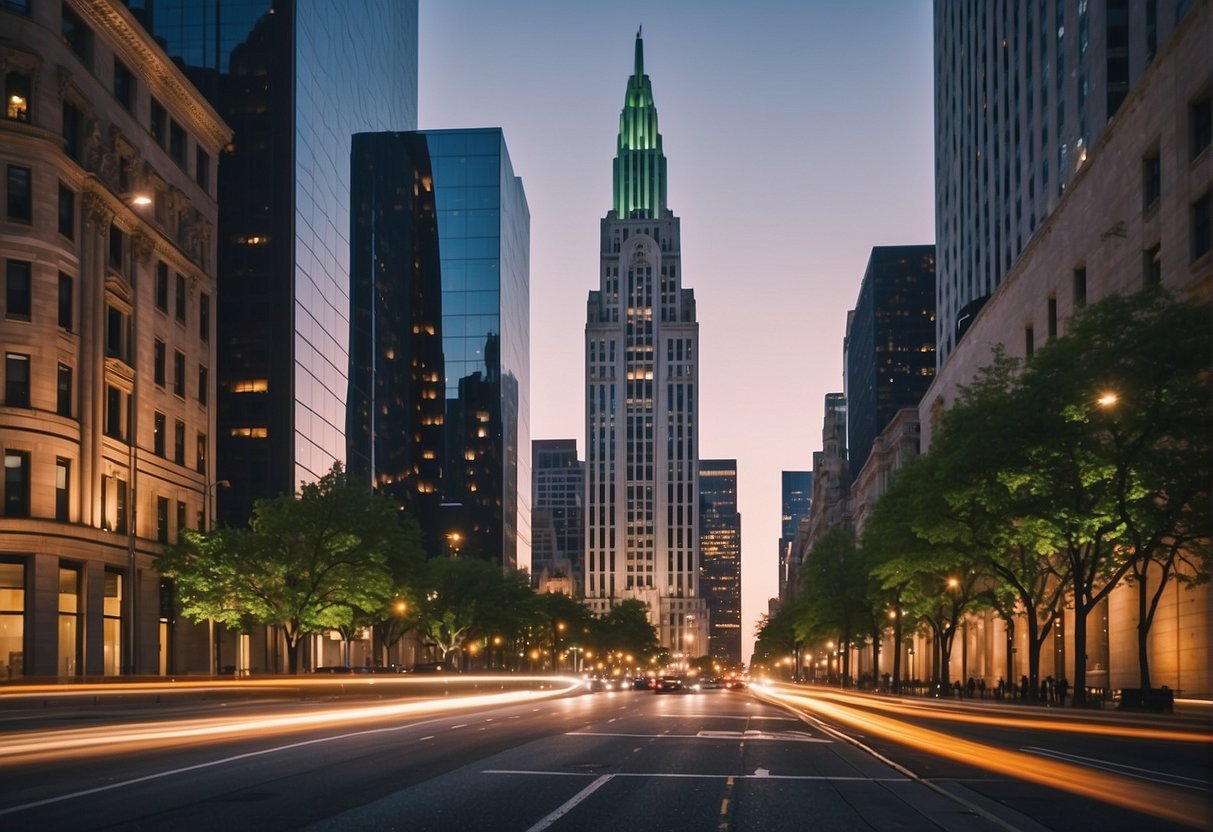A vibrant cityscape with a prominent TD Ameritrade building, surrounded by bustling streets and a mix of modern and historic architecture