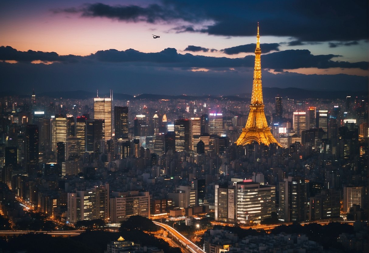 A vibrant cityscape of Tokyo with iconic landmarks and a plane flying overhead, showcasing airfare promotions from Singapore