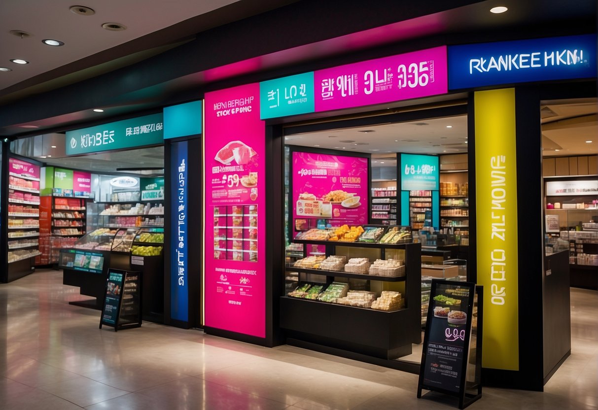 A vibrant display of "Latest Promotions" signage at The Face Shop Singapore. Bright colors and bold typography catch the eye