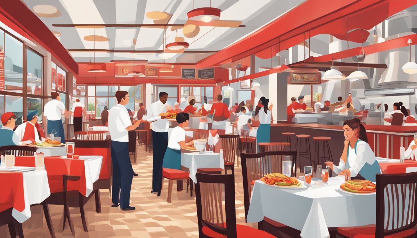 A bustling restaurant with red and white decor. Customers enjoying burgers and lobsters. Waitstaff serving food and drinks. Bright, lively atmosphere