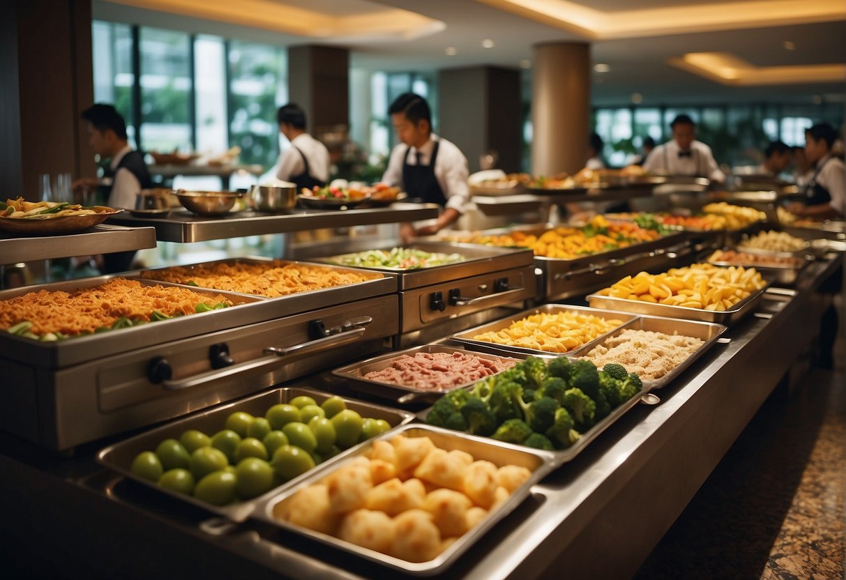 A bustling hotel buffet in Singapore, with colorful food displays and eager diners enjoying the promotions