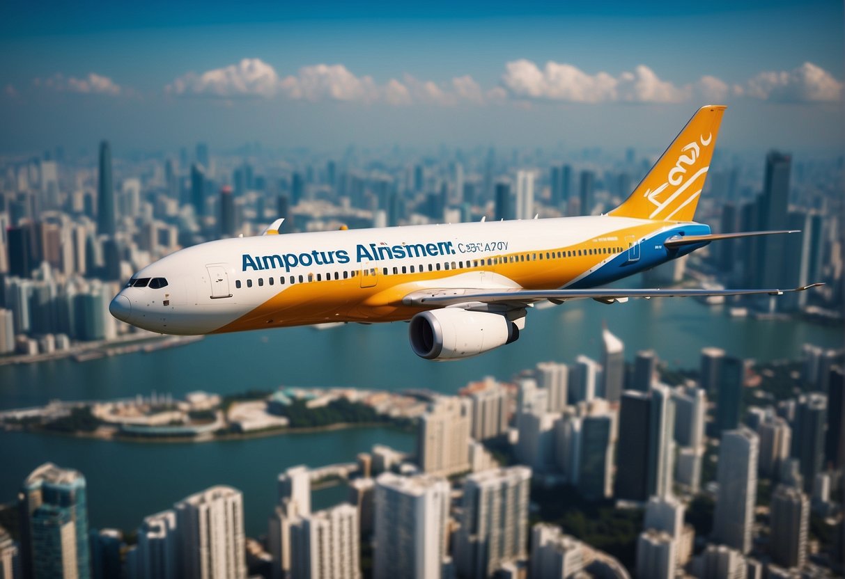 A vibrant airplane flying over iconic Tokyo and Singapore landmarks, with bold text showcasing the latest airline promotions