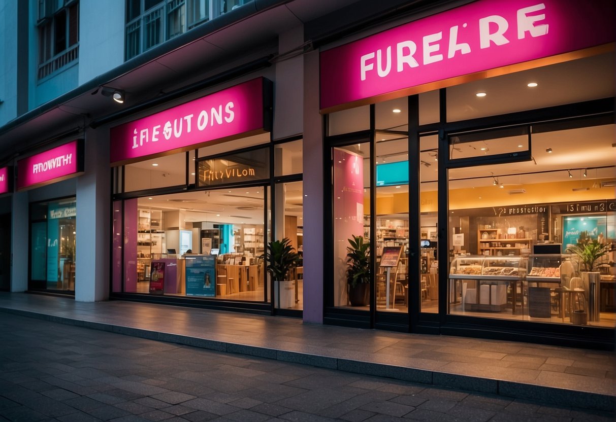 A vibrant storefront with a "Frequently Asked Questions" banner, showcasing various promotions in Singapore. Bright colors and attractive displays draw in customers