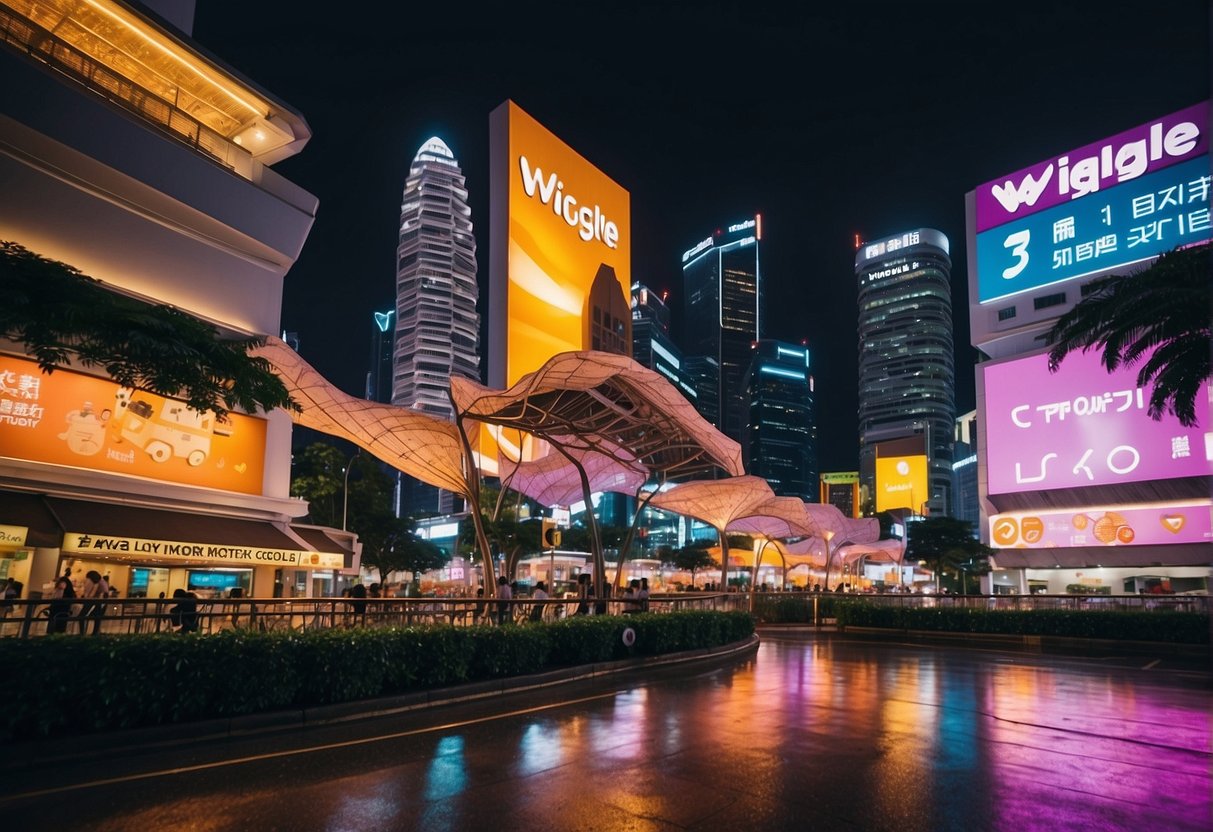Vibrant cityscape with iconic landmarks and bustling streets in Singapore, featuring colorful signage and promotional displays for Wiggle