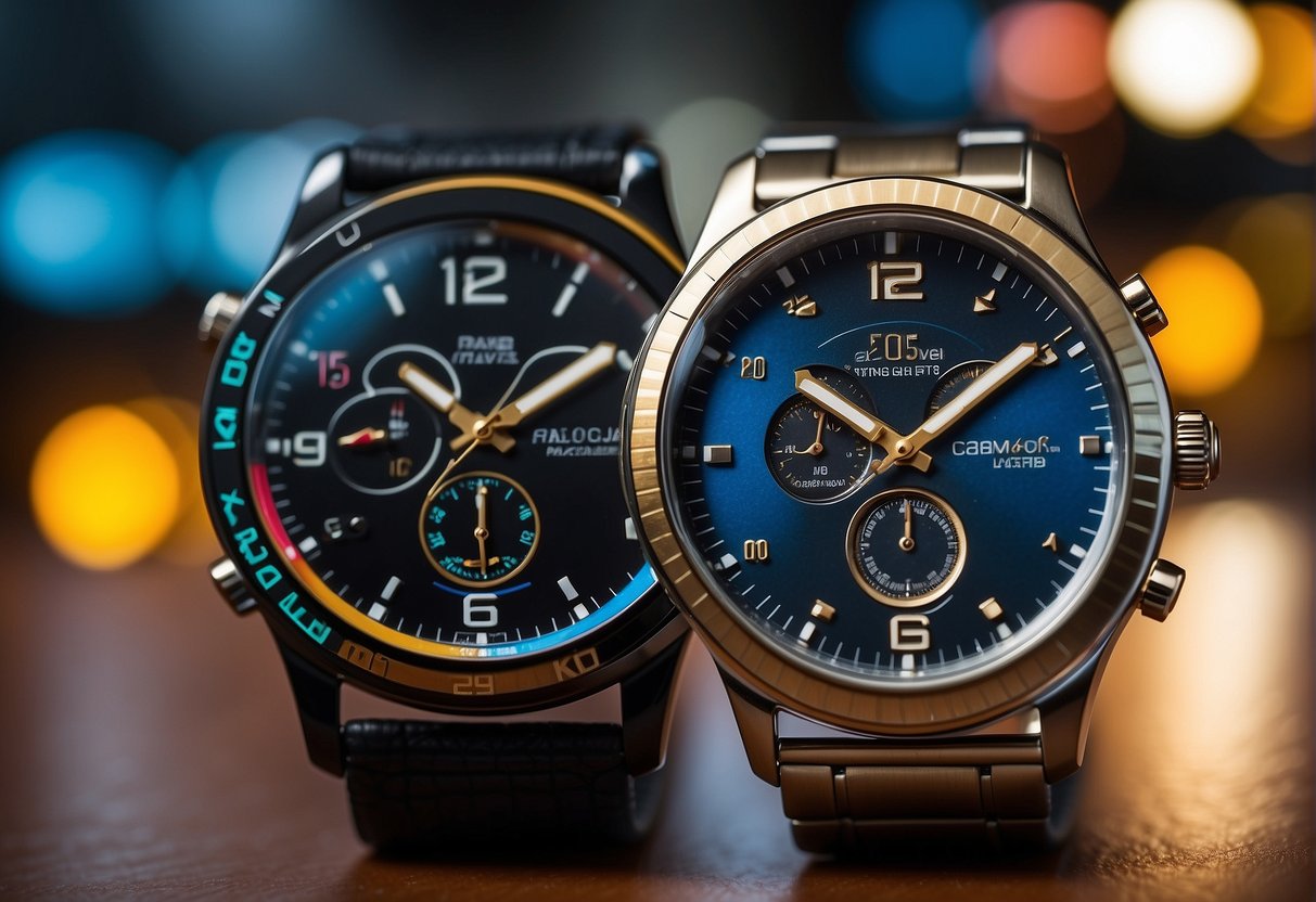 A colorful display of 2024 wrist-watch promotions in Singapore, featuring sleek designs and vibrant marketing materials
