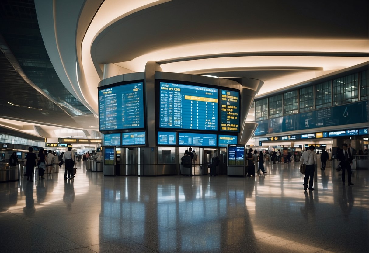 A bustling airport terminal with digital screens displaying "Frequently Asked Questions" about Tokyo airfare promotions from Singapore