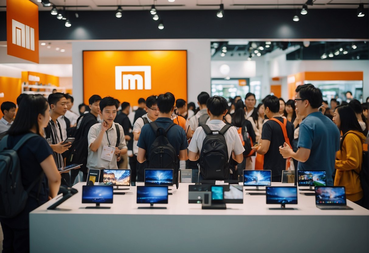 A crowd gathers around a display of Xiaomi products, with bright promotional signs and bustling activity in a Singaporean retail store