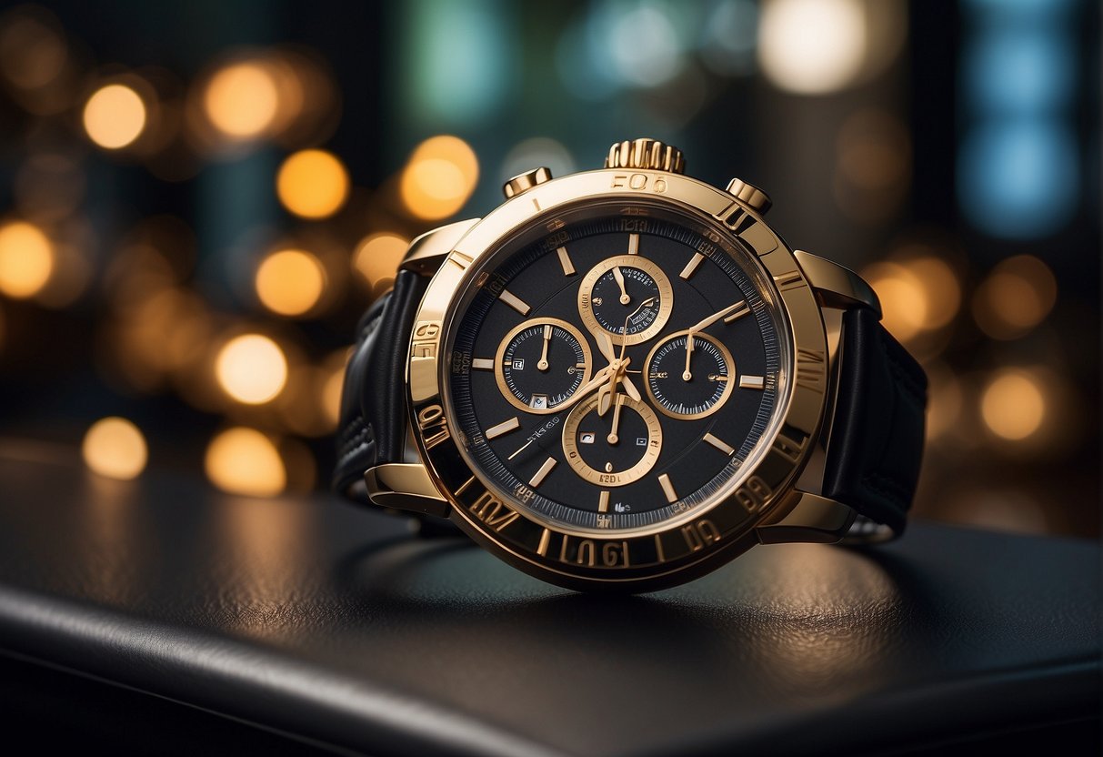 A watch with a bold design and sleek finish is displayed against a backdrop of luxurious accessories, with promotional signs highlighting discounts
