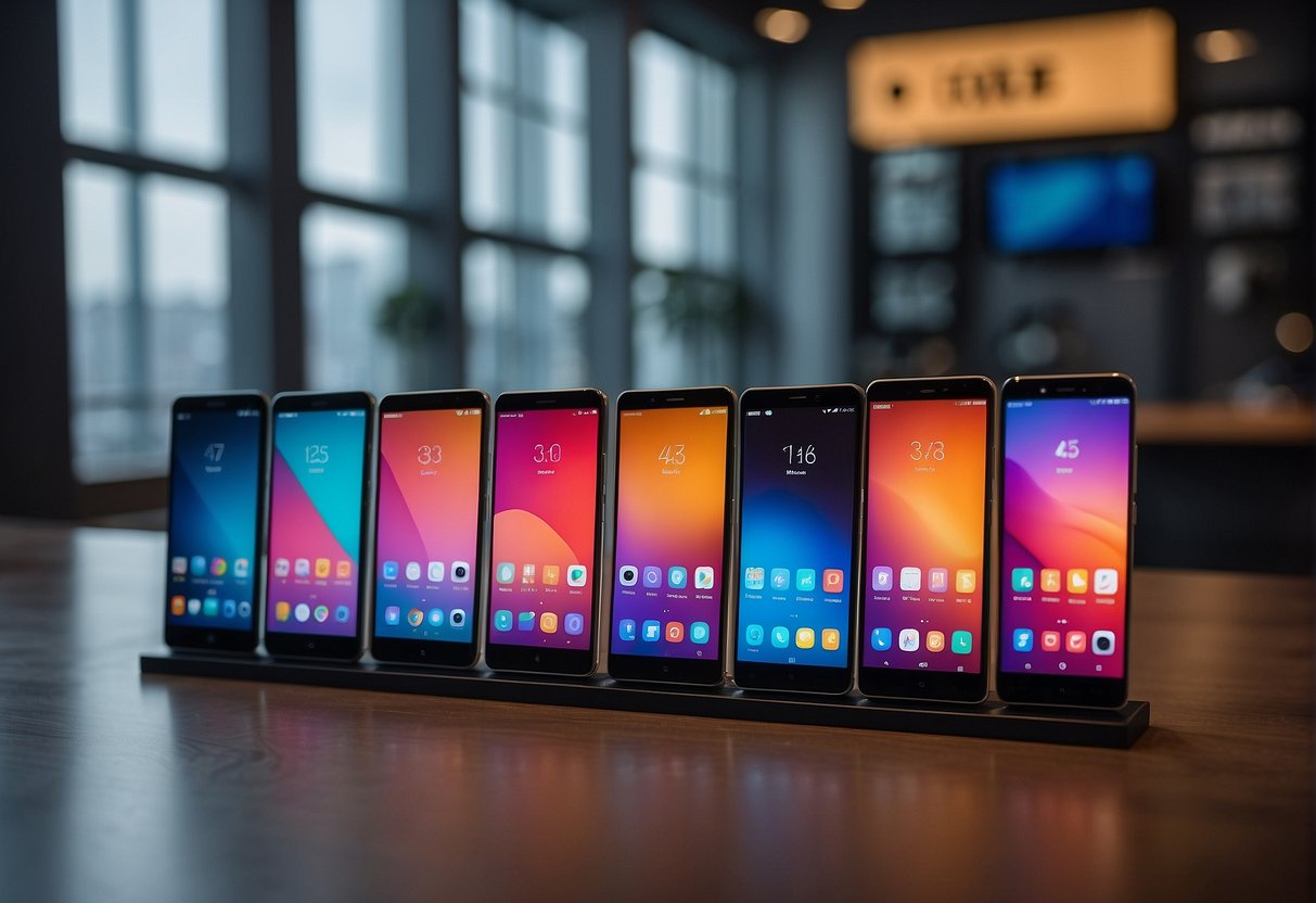 A colorful display of various Xiaomi smartphones with promotional banners and signs, set against a sleek and modern backdrop