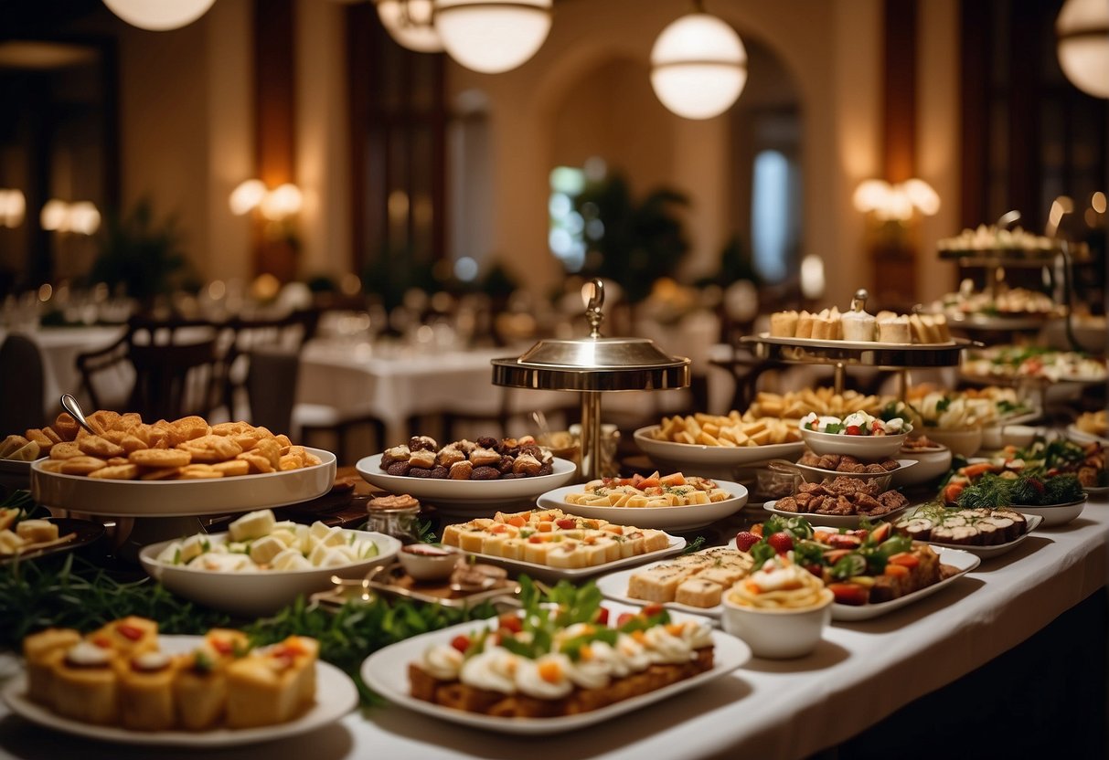 The scene features a lavish buffet spread with a variety of gourmet dishes and decadent desserts, set against a backdrop of elegant dining decor and ambient lighting
