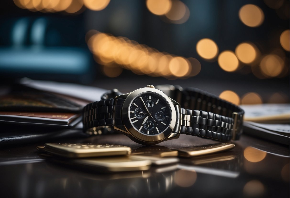 A watch surrounded by promotional materials, with a Singaporean backdrop