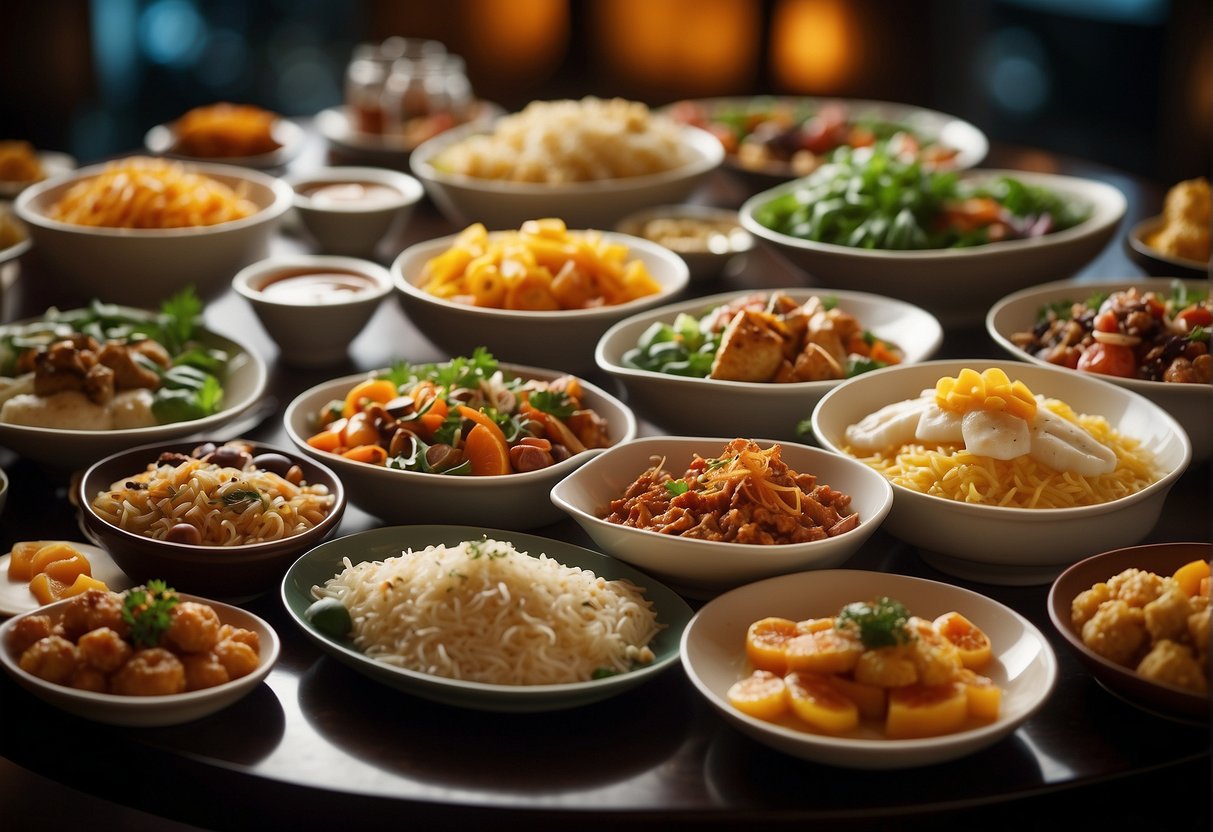 A table overflowing with a variety of colorful and delicious dishes, showcasing the diverse flavors of the Savour the Flavours triple three buffet promotions in Singapore