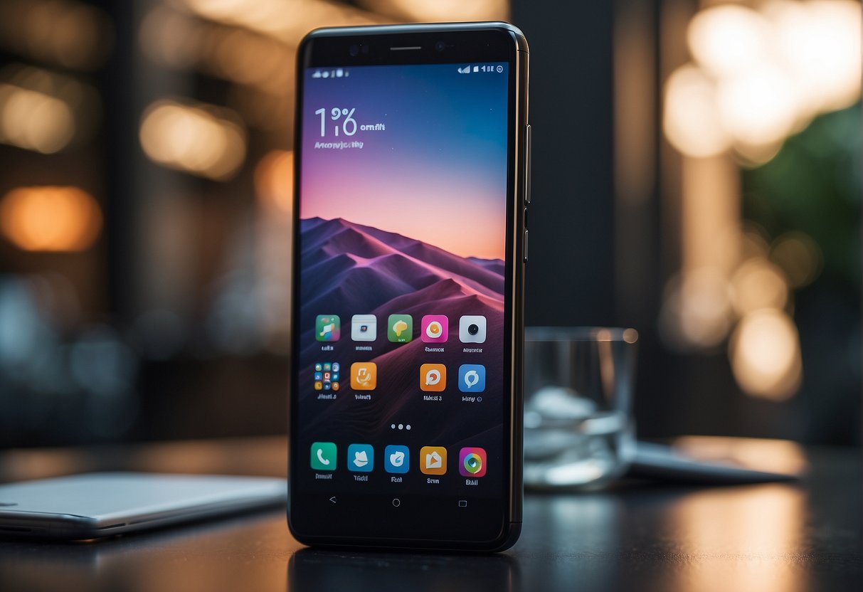The Xiaomi phone is displayed with advanced features and technology, surrounded by promotional materials in a sleek and modern setting