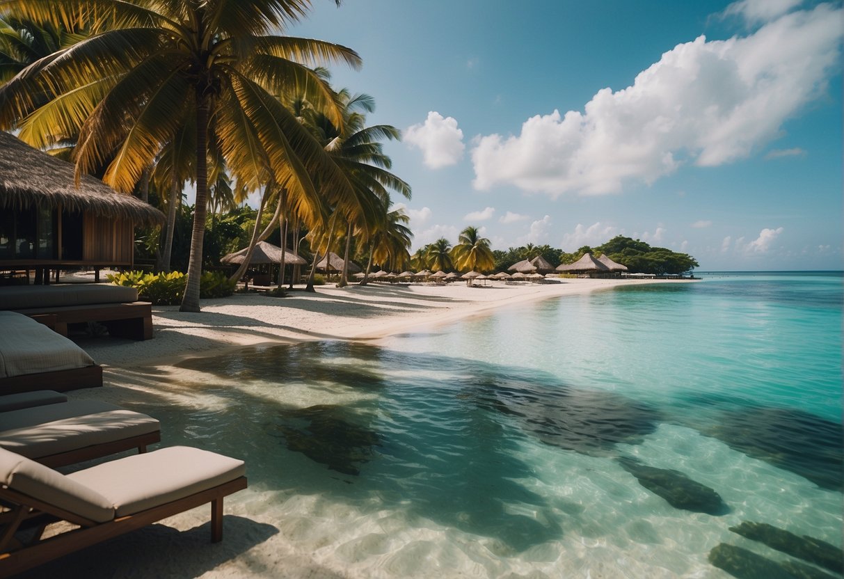 The Maldives promotions in Singapore are depicted with a vibrant beach scene, featuring crystal-clear waters, palm trees, and a luxurious resort in the background
