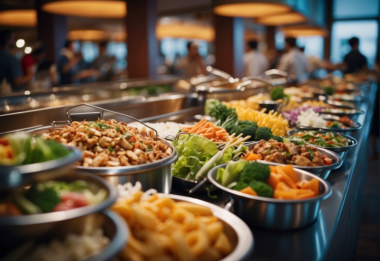 A crowded buffet restaurant with a vibrant atmosphere, featuring a variety of food stations and promotional signs