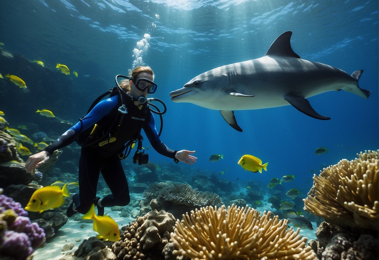 Colorful fish swim through coral reefs, as a diver interacts with a playful dolphin. A sign advertises "Explore Exciting Aquarium Promotions" in the background