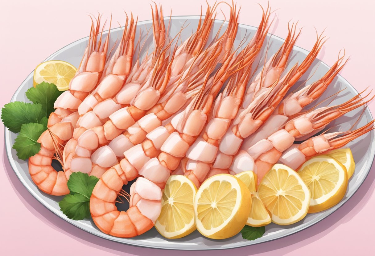 A plate of prawns is displayed with a nutritional label showing calorie content. The prawns are arranged neatly, with their pink shells and tails visible