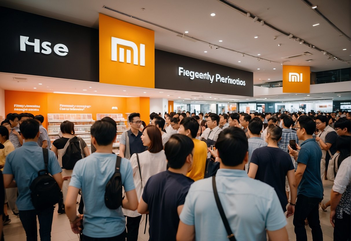 A crowded store with "Frequently Asked Questions" banners during a Xiaomi promotions event in Singapore