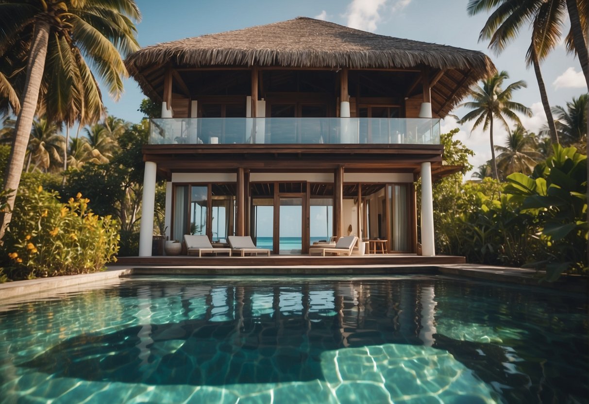 Crystal-clear waters surround a luxurious overwater villa in the Maldives, with palm trees swaying in the gentle breeze