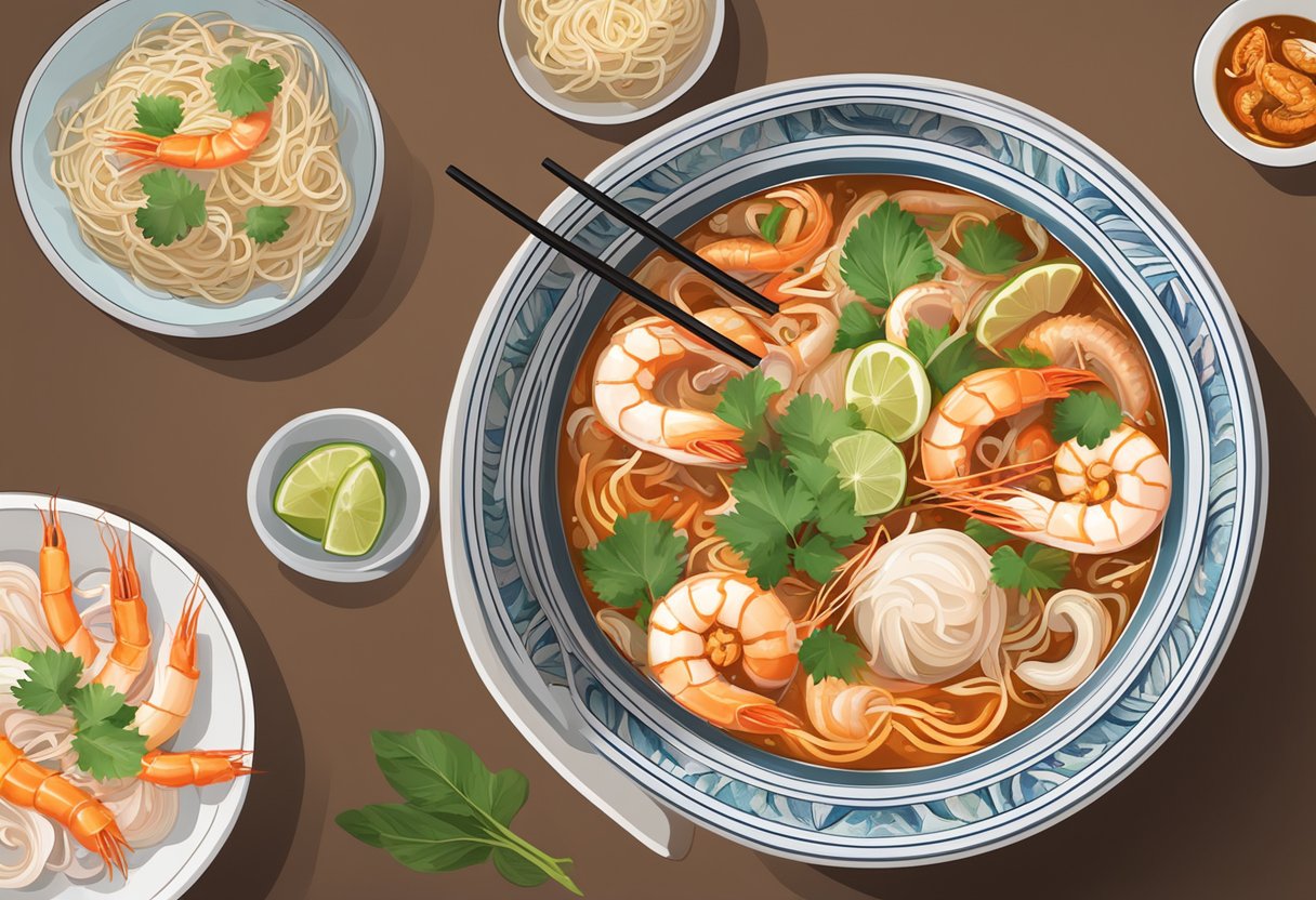 A steaming bowl of Tom Yum Seafood Noodle Soup sits on a table, with prawns, squid, and fish swimming in a spicy, aromatic broth