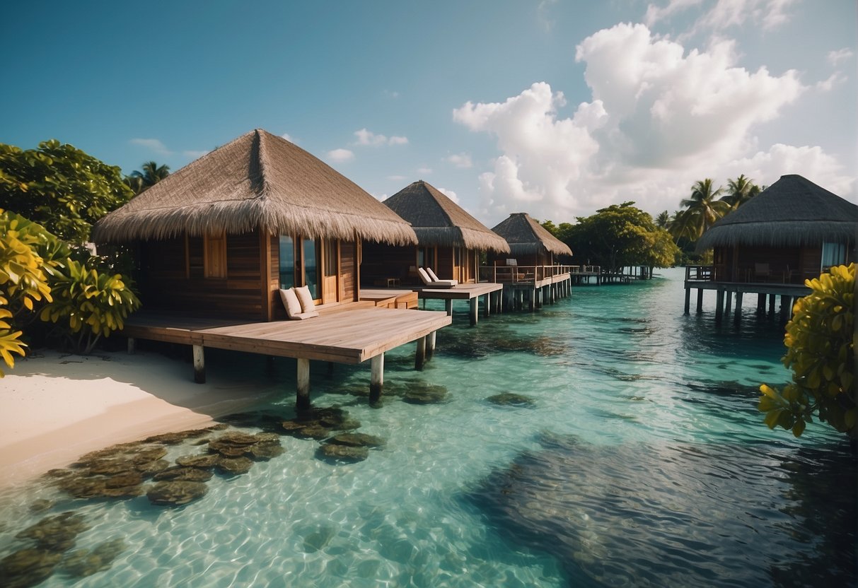 A serene beach with palm trees, crystal-clear waters, and overwater bungalows, surrounded by a vibrant coral reef in the Maldives