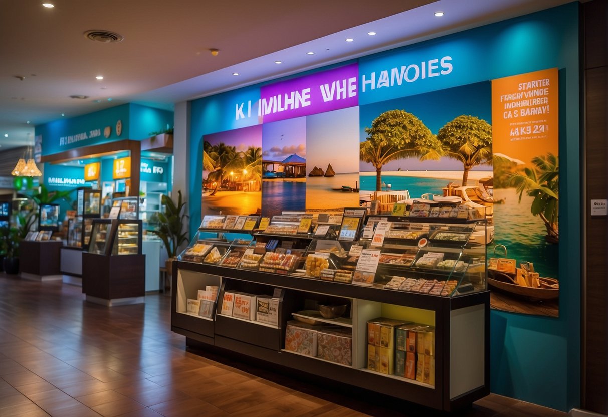 A vibrant display of Maldives promotions in Singapore, with colorful banners and excited customers