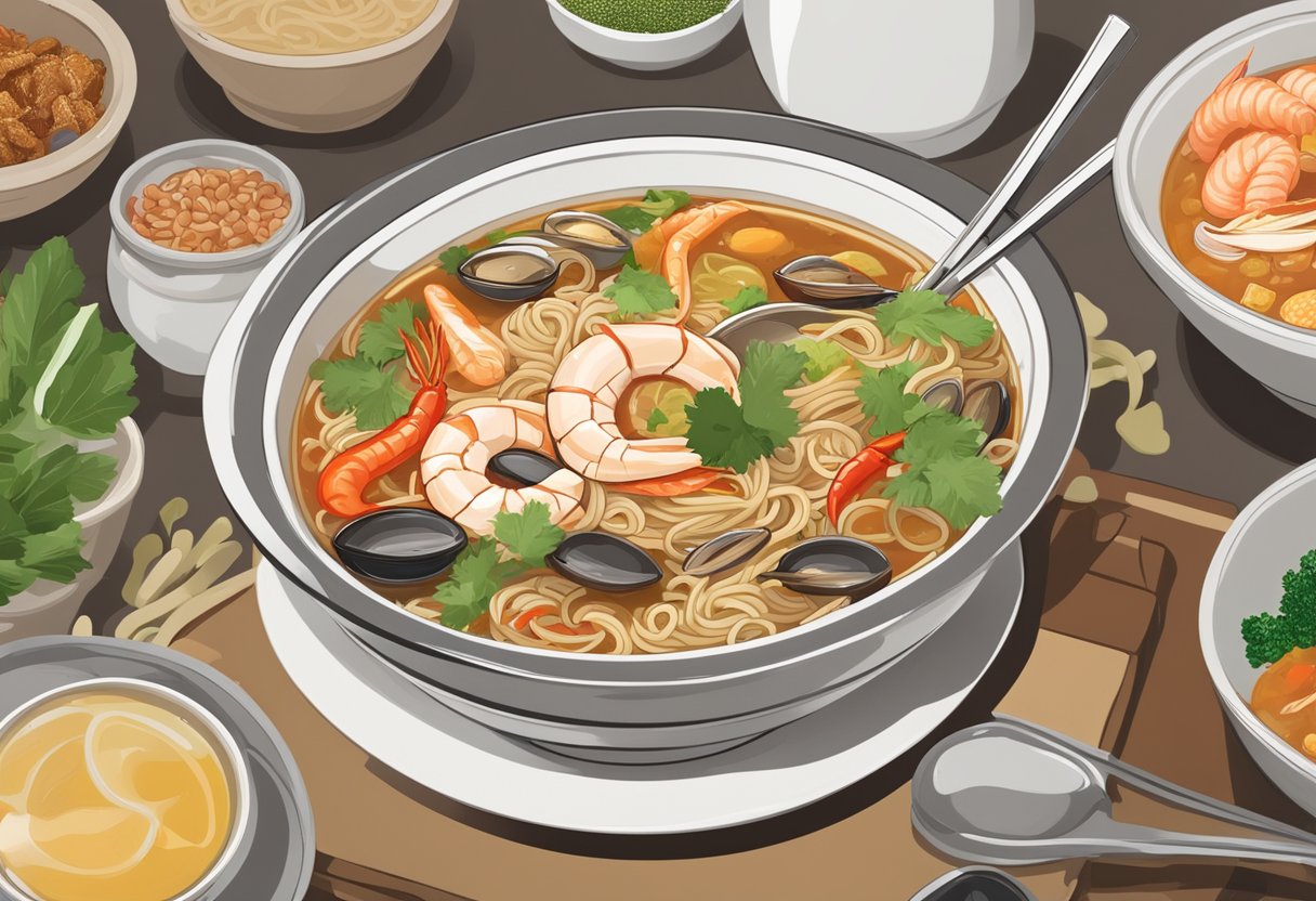 A steaming bowl of tom yum seafood noodle soup sits on a table, surrounded by condiments and utensils, with a sign displaying "Frequently Asked Questions: calories in tom yum seafood noodle soup in Singapore."