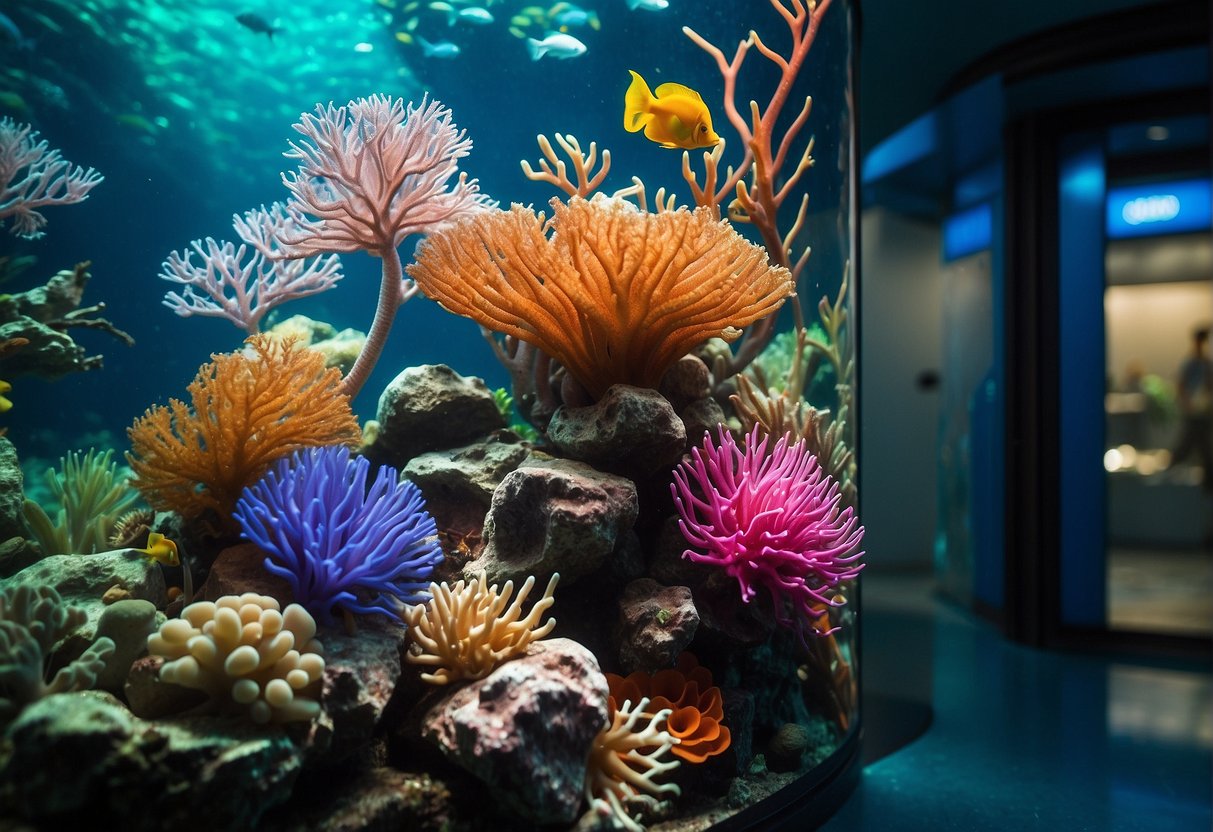 Colorful marine life surrounds a promotional sign in the underwater world of Singapore
