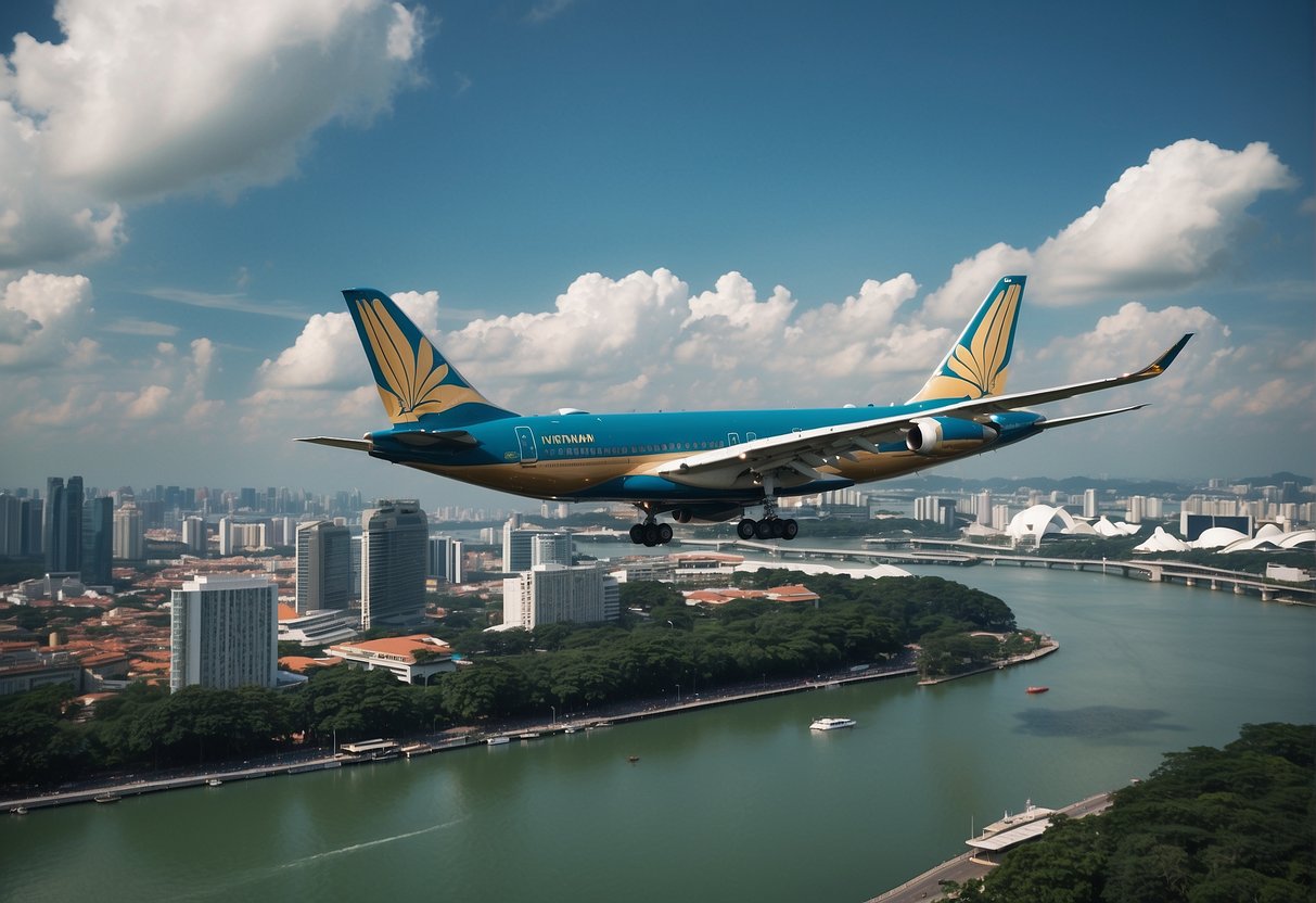 A Vietnam Airlines plane flying over iconic Singapore landmarks