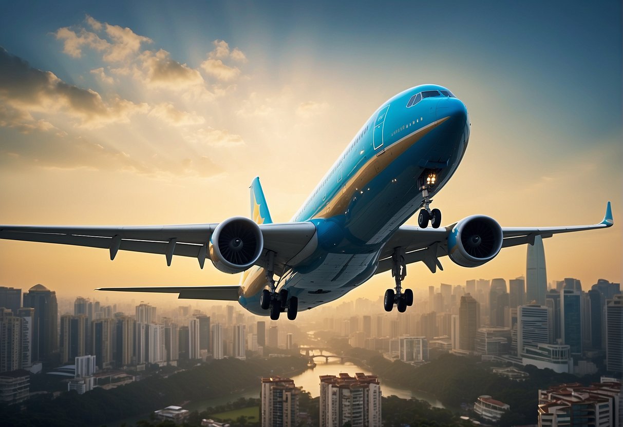 Vietnam Airlines' 2024 promotions depicted with a vibrant airplane flying over iconic Singapore landmarks