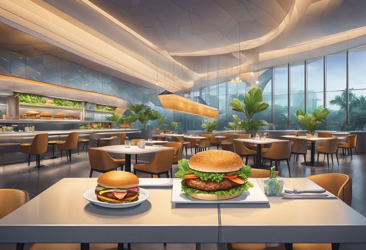 A table set with a juicy burger and a succulent lobster, surrounded by a modern and stylish dining environment at Jewel Changi Airport