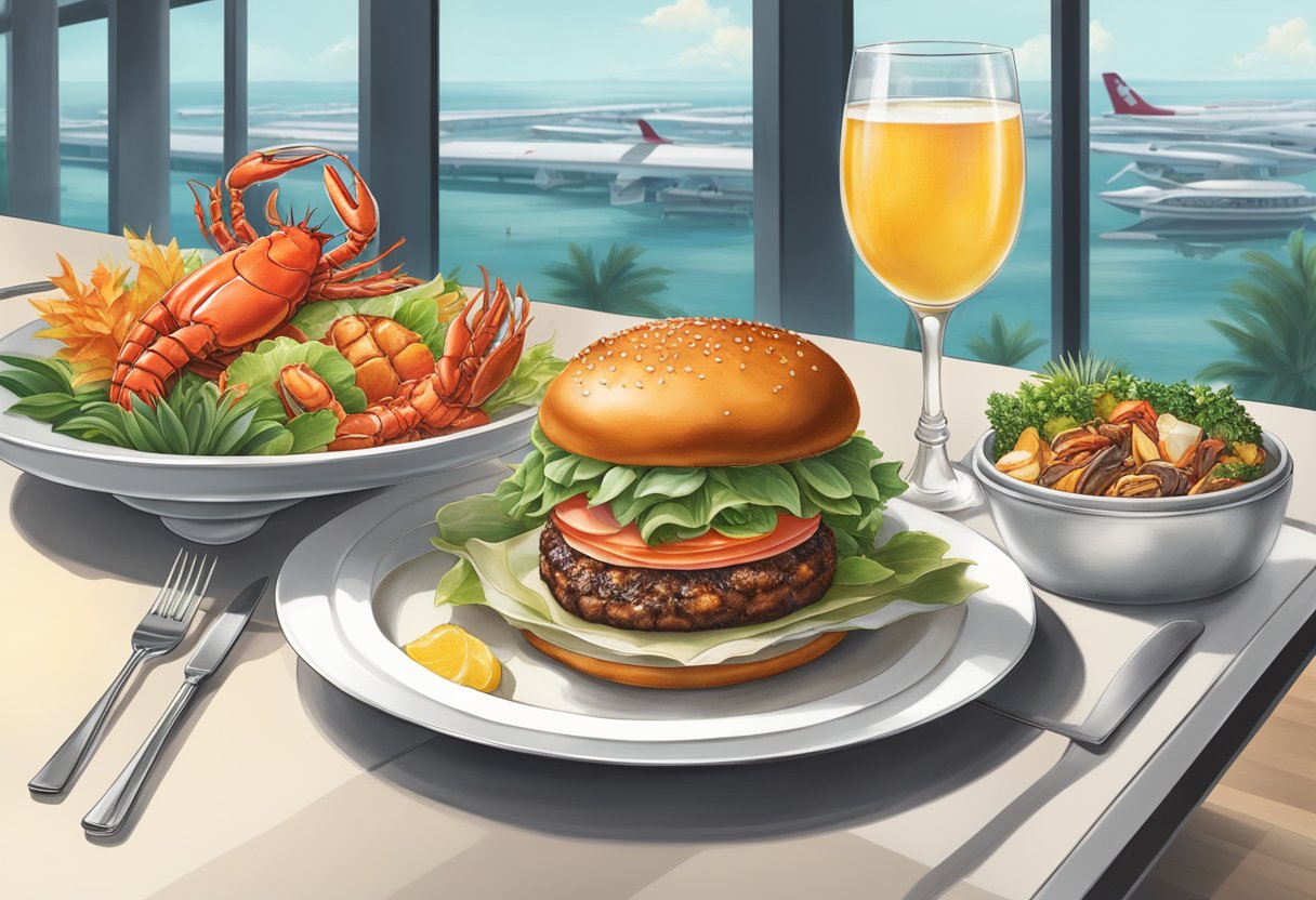 A sizzling burger and succulent lobster are elegantly presented on a pristine platter, surrounded by impeccable service at Jewel Changi Airport
