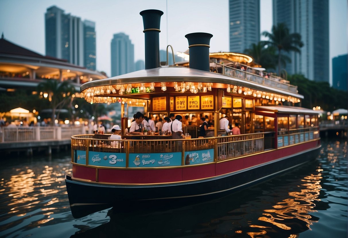 A steamboat restaurant in Singapore, with colorful signage and bustling crowds enjoying the promotions and special offers