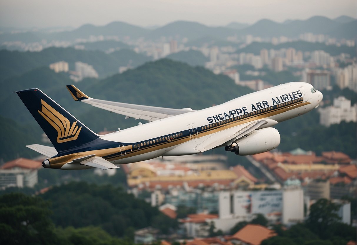 A vibrant Singapore Airlines plane flying over iconic Vietnamese landmarks amidst promotional banners