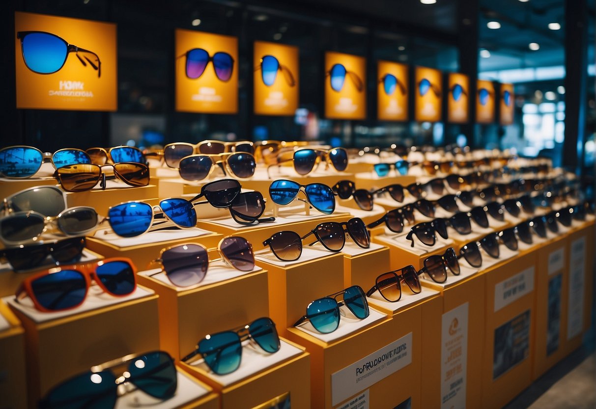 A vibrant display of sunglasses with promotional signs in a bustling Singaporean retail store