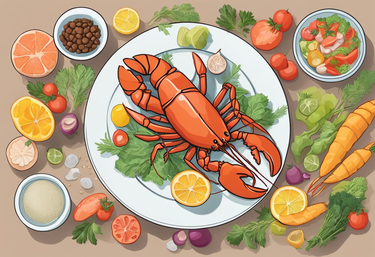 A lobster on a plate with various nutrient-rich foods surrounding it, highlighting its benefits for pregnant women