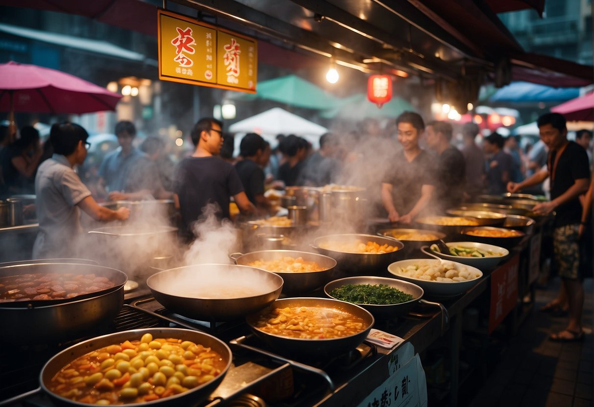 A bustling Singapore street market with colorful banners advertising 2024 hotpot promotions. Steam rising from sizzling pots as diners eagerly gather around tables