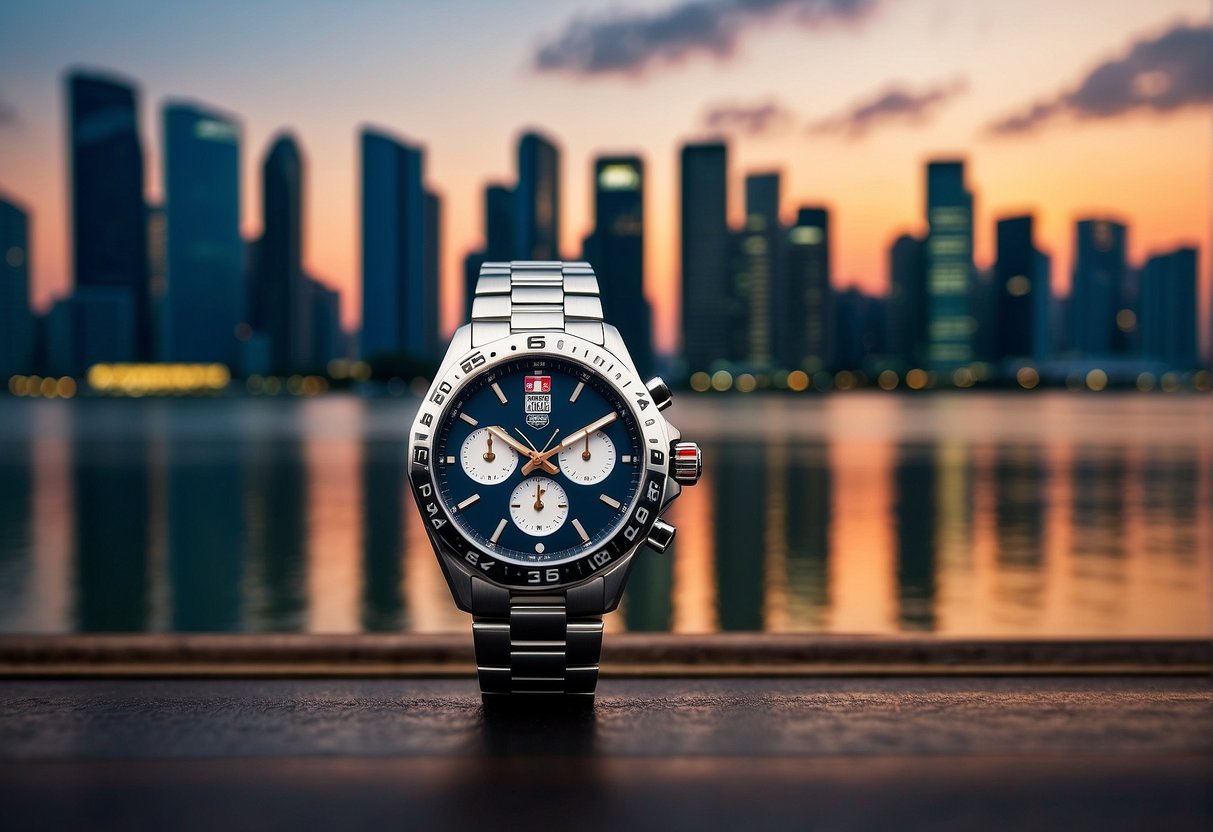 A Tag Heuer watch displayed with a Singapore skyline backdrop