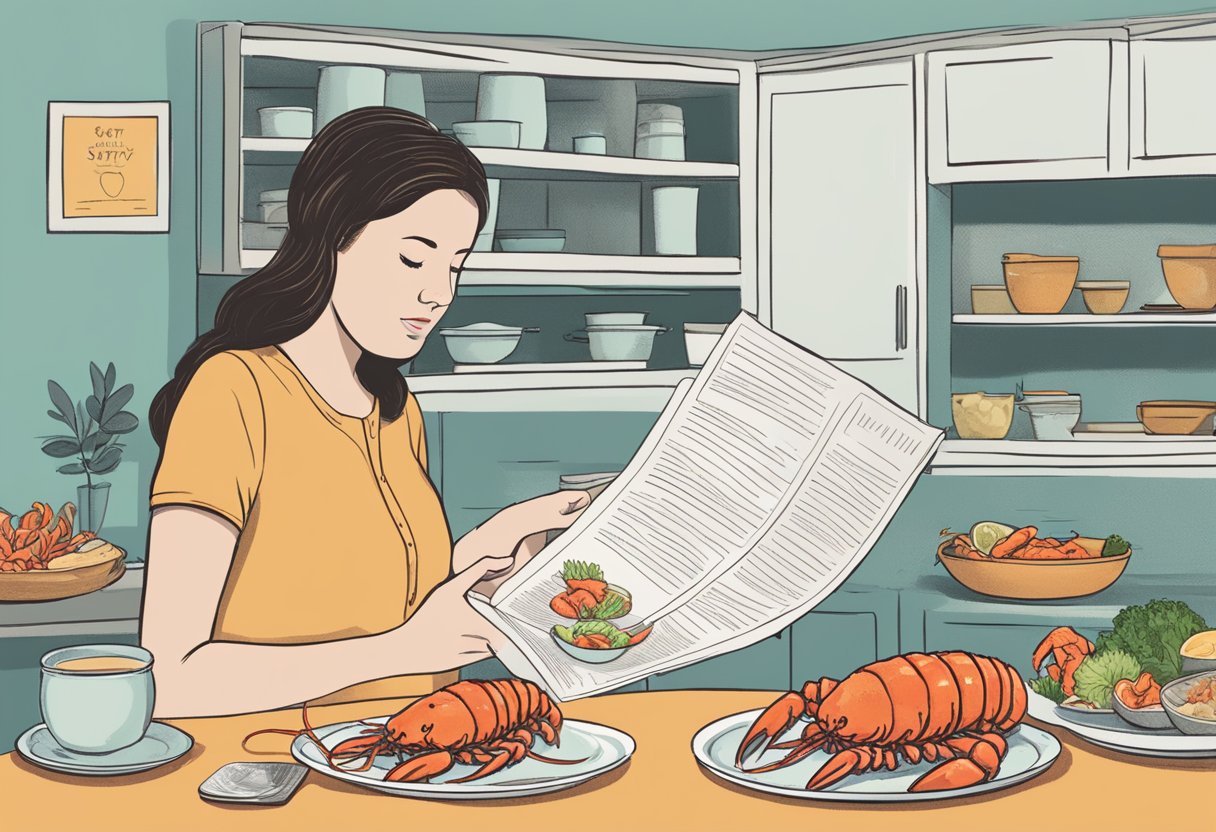 A pregnant woman reading a pamphlet titled "Safety Guidelines for Consuming Seafood While Pregnant" with a plate of lobster and a question mark above her head