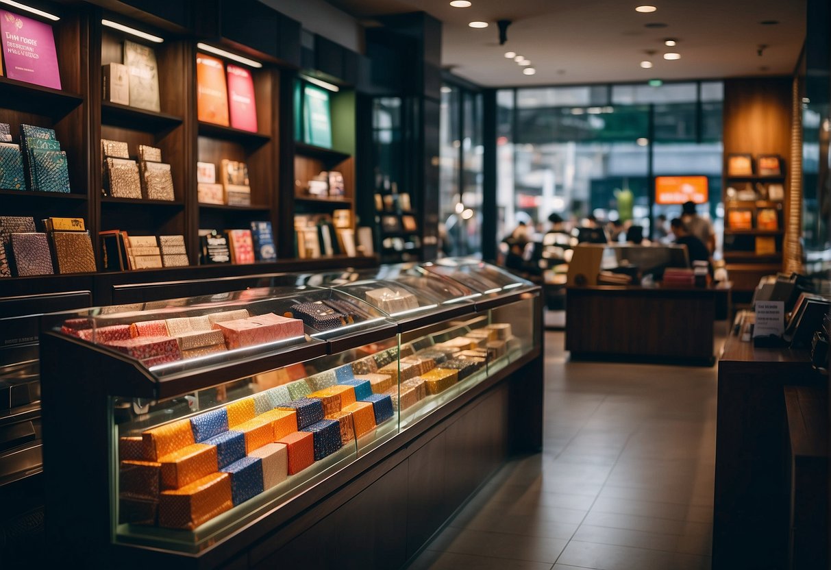 A bustling wallet shop in Singapore displays colorful promotions