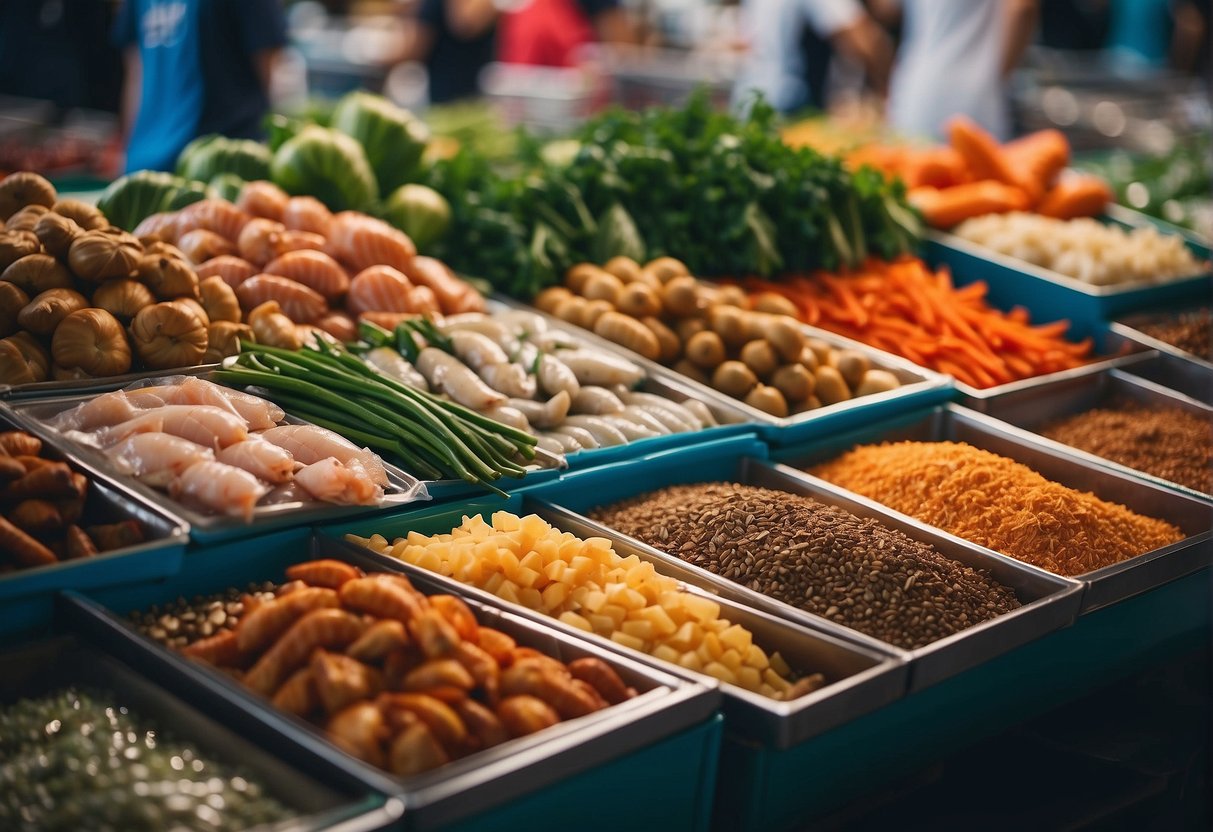 A bustling Singapore market with vendors selling fresh seafood, vibrant vegetables, and exotic spices for specialty steamboat ingredients